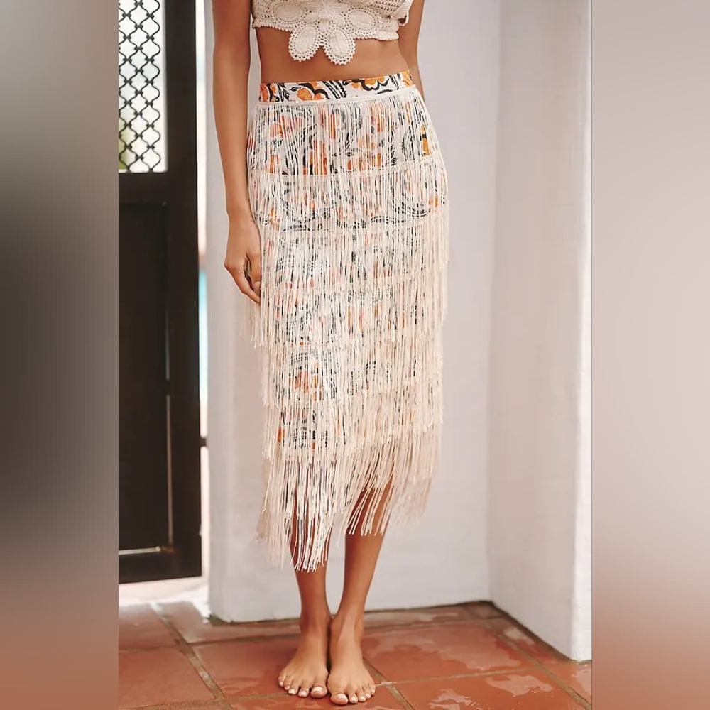 Anthropologie Celandine Coastal Cowgirl Fringe Skirt Cream Orange NWT Sz XL